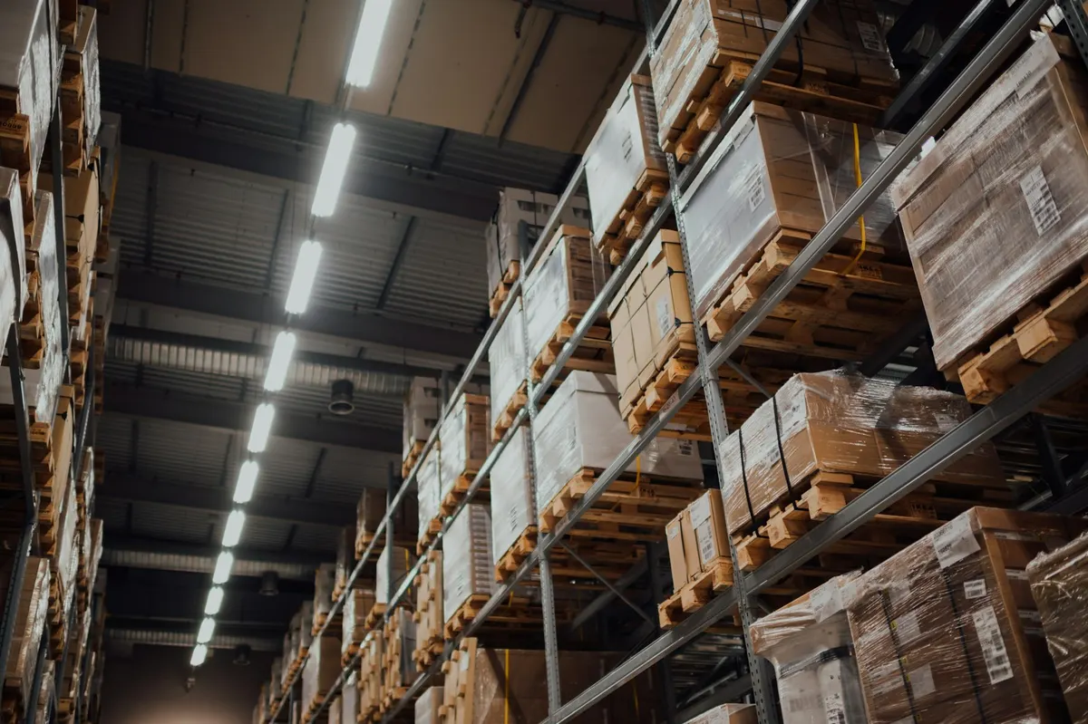 Warehouse shelving with labelled stock